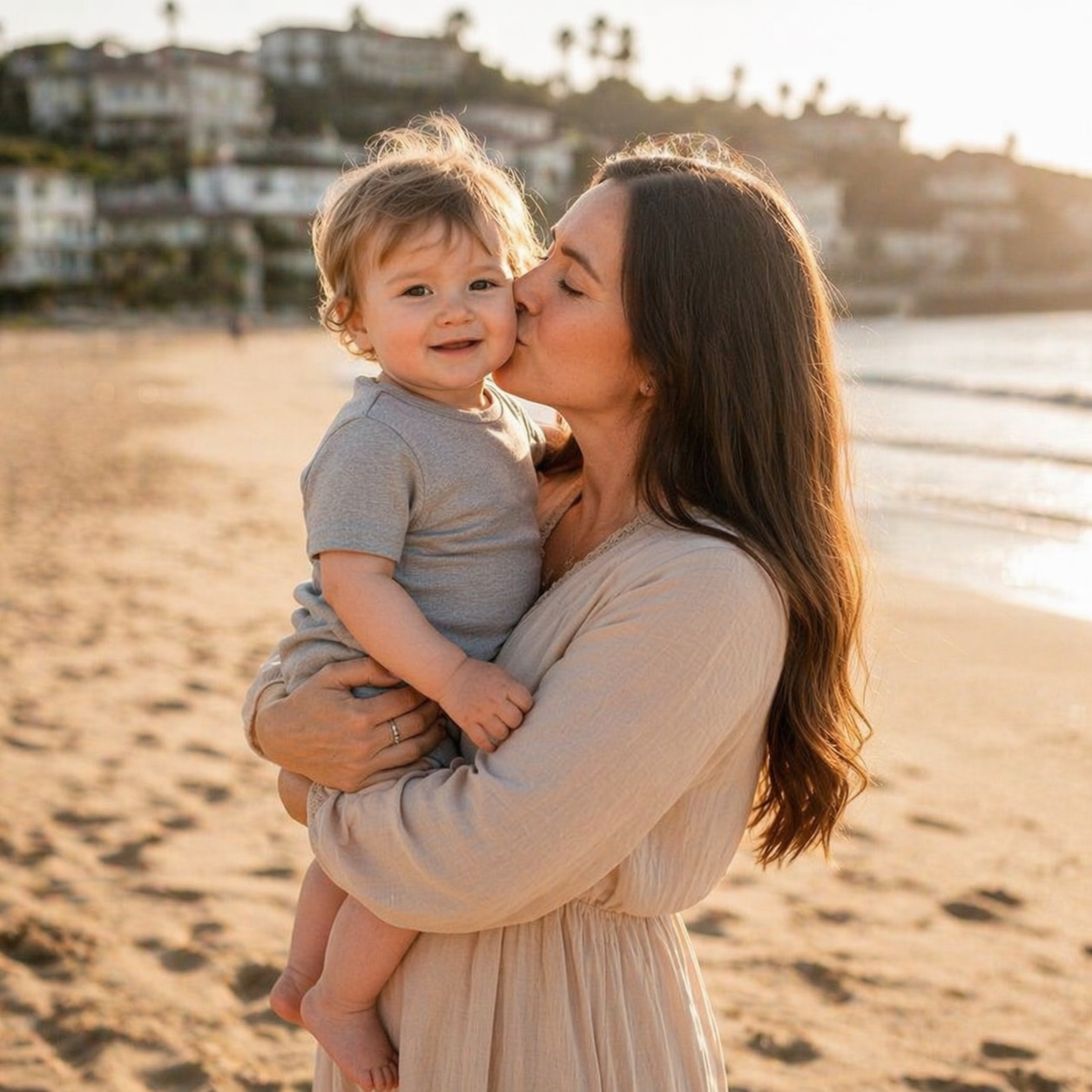 Mother holding her child on a sunny beach